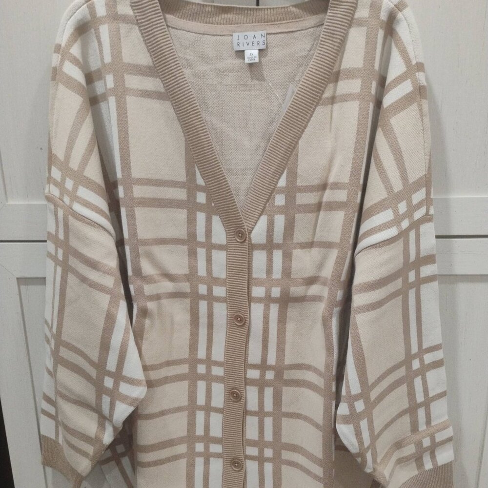 Joan Rivers Cream/Tan Plaid Jacquard Cardigan Sweater Cotton/Rayon Size 5X-NWT